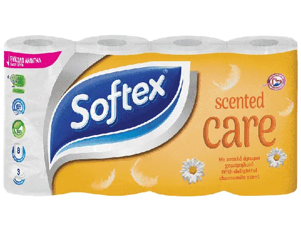SOFTEX® Care χαμομήλι χαρτί υγείας. 3 φύλλων, 8 ρολά 0,624kg