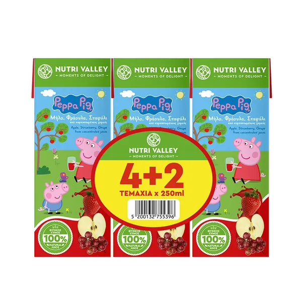 Φρουτοποτό Peppa Pig Φράουλα Μήλο Σταφύλι Nutri Valley 6x250 ml