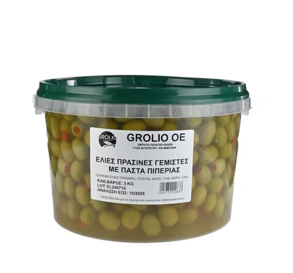 OLYMP πράσινες ελιές γεμιστές με πάστα πιπεριάς 700γρ • στραγγιστό βάρος 400γρ