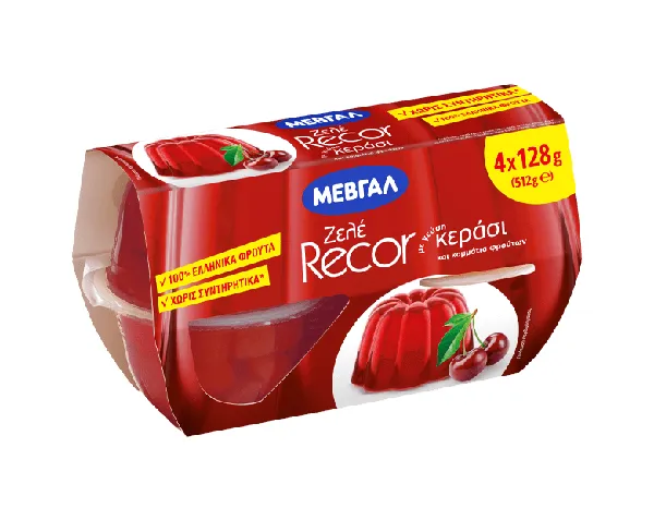Ζελέ Recor ΜΕΒΓΑΛ ροδάκινο, κεράσι, φράουλα 4Χ128γρ.
