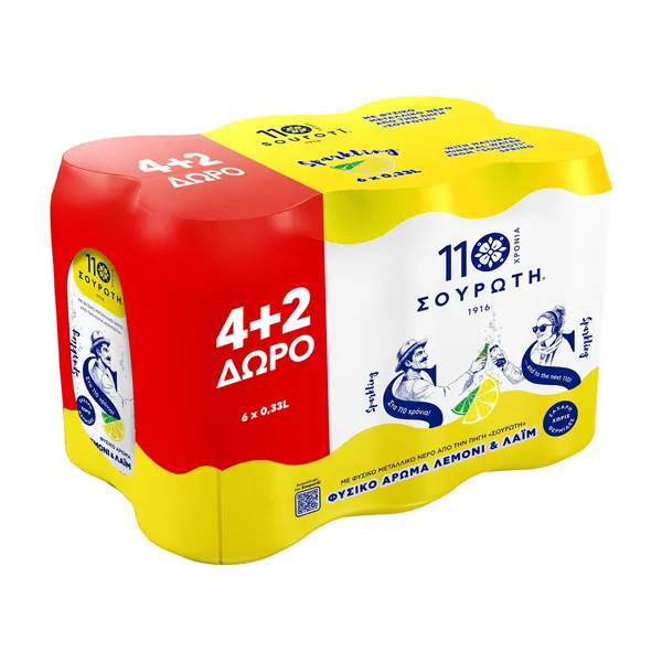 ΣΟΥΡΩΤΗ Sparkling Ανθρακούχο Νερό με Λεμόνι & Λάιμ 4x330ml +2 Δώρο
