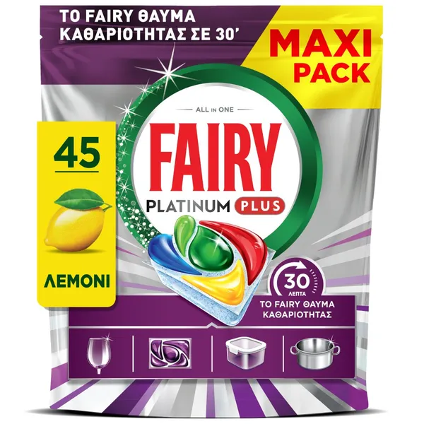 FAIRY Platinum Plus Miracle Κάψουλες Πλυντηρίου Πιάτων Λεμόνι 45τεμ. MAXI PACK