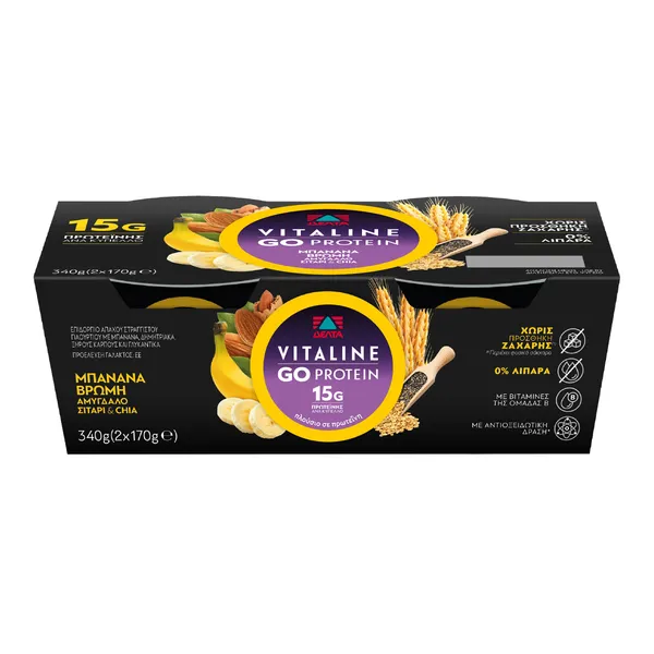 VITALINE GO PROTEIN Μπανάνα, Βρώμη, Αμύγδαλο, Σιτάρι & Chia 0% Λιπαρά 2x170G
