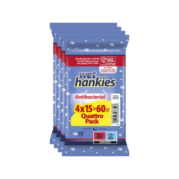 Αντισηπτικά μαντήλια Wet Hankies Antibacterial Quattro Pack 4x15τεμ.