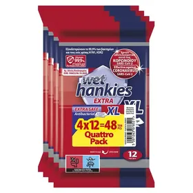 WET HANKIES Extra Safe Υγρομάντιλα Αντιβακτηριδιακά XL 4Χ12τεμ