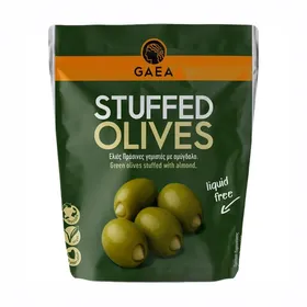 Ελιές Πράσινες GAEA γεμιστές με Αμύγδαλο χωρίς Άλμη Vegan 120g
