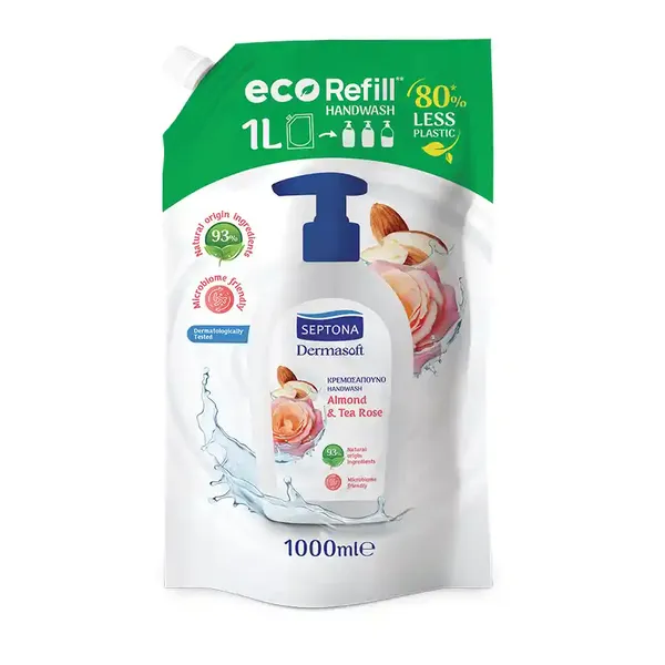 Septona Dermasoft Υγρό Σαπούνι Αμύγδαλο & Τσάι Τριαντάφυλλο Ανταλλακτικό 1000ml.