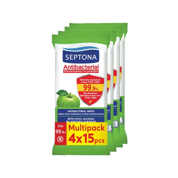 SEPTONA Antibacterial μαντίλια καθαρισμού χεριών πράσινο μήλο 4x15 τεμ. multipack