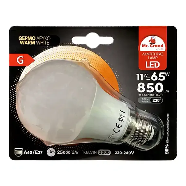 MrGrand Λάμπα Led E27 A60 11W 3000K 240V