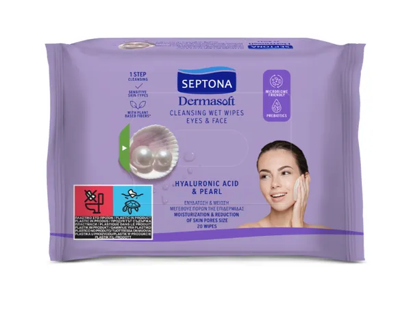 SEPTONA dermasoft υγρά μαντηλάκια ντεμακιγιάζ hyaluronic acid & pearl