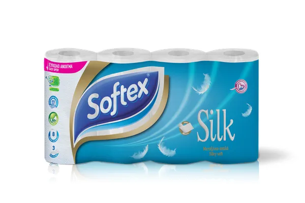 Softex® Silk χαρτί υγείας 3 φύλλα, 8 ρολά με αφράτα στρωματάκια