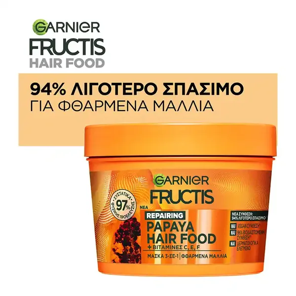 L'oreal Garnier Fructis Μάσκα Μαλλιών Hairfood Papaya Για Φθαρμένα Μαλλιά 400ml.