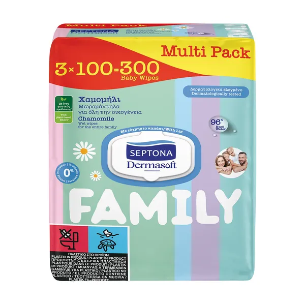 SEPTONA Family Μωρομάντιλα Dermasoft Χαμομήλι 3χ100τεμ