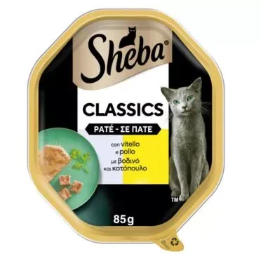 SHEBA® Adult Πλήρης Υγρή Τροφή Γάτας Βοδινό & Κοτόπουλο σε Πατέ Δισκάκι 85g