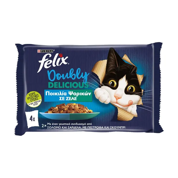 FELIX Doubly Delicious Υγρή Τροφή Γάτας Ποικιλία Ψαρικών σε Ζελέ 4x85g