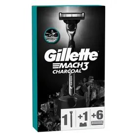 Gillette Charcoal Mach3 Ξυριστική Μηχανή Με Βάση Στήριξης +6 Ανταλλακτικές Κεφαλές