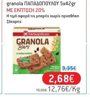 Όλες οι μπάρες δημητριακών granola ΠΑΠΑΔΟΠΟΥΛΟΥ 5x42gr ΜΕ ΕΚΠΤΩΣΗ 20% Η τιμή αφορά τις μπαρές χωρίς προσθήκη ζάχαρης