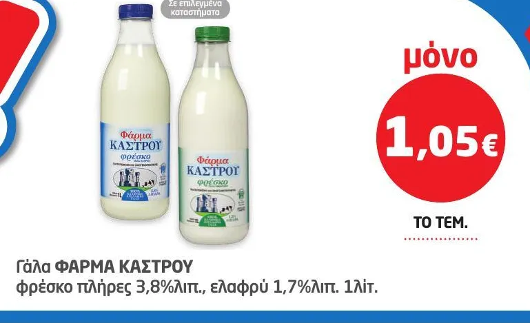 Γάλα ΦΑΡΜΑ ΚΑΣΤΡΟΥ φρέσκο πλήρες 3,8%λιπ., ελαφρύ 1,7%λιπ. 1λίτ.